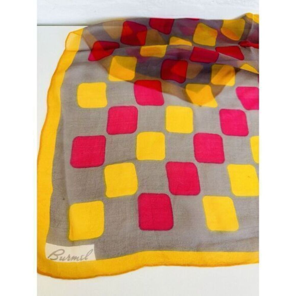 Vintage Burmel Silk Hand Rolled Japan Sheer Scarf Gray Orange Red 21 Square